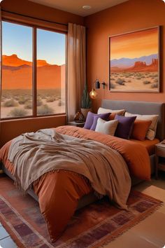 a bed sitting in a bedroom next to two large windows with desert scenery on them