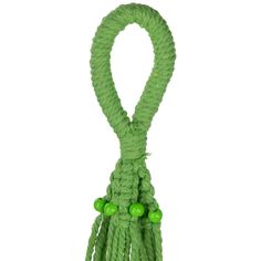 a green rope with beads on the end and a knot at the end that is attached to it