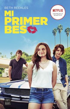 the movie poster for mi primer bes is shown with two people standing next to a car