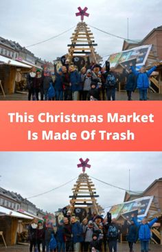 people standing in front of a christmas tree made out of wooden planks with the words, this christmas market is made of trash