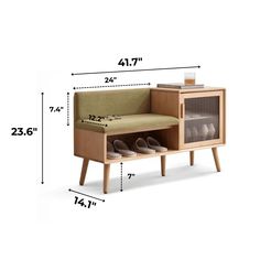 a wooden bench sitting next to a shelf with shoes on it and measurements for each section