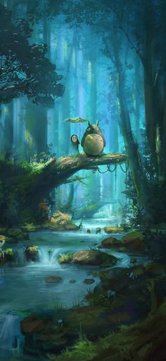 a painting of a frog sitting on a tree branch in the middle of a forest