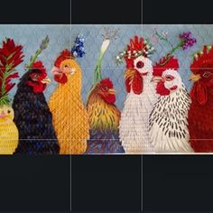 a group of chickens standing next to each other in front of a blue wall with flowers on it