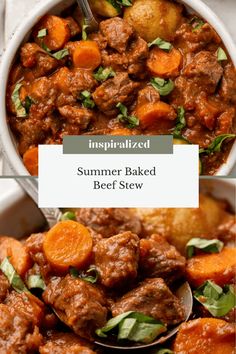 a bowl filled with beef and carrots next to a spoon full of meat stew