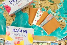 several different types of papers on top of a map with the words daani sparkling