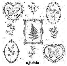 various frames with flowers and butterflies in the shape of heart, hand drawn on white paper