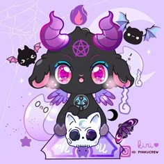 an animal with horns on its head sitting next to a skull and cat in front of a purple background