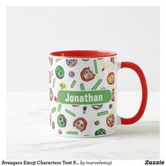 a red and white coffee mug with an image of characters on it, along with the name jonathan