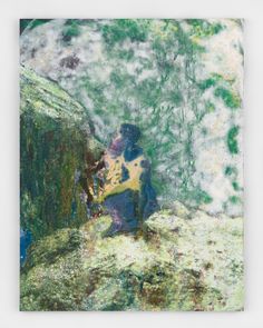 an abstract painting of a man sitting on a rock