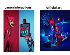 two different images of cartoon characters, one in red and the other in blue with text that reads canon interactions official art