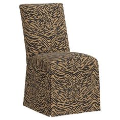 an animal print chair with a black and brown pattern on the seat cover, side view