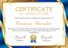 an award certificate is shown in gold and blue with a ribbon around the edges that reads,