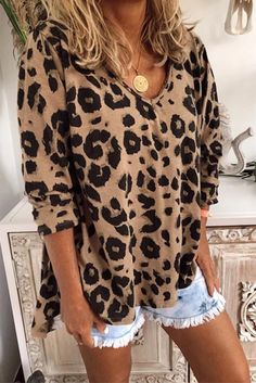 Brown Casual Leopard Print Long Sleeves T-shirt Casual Leopard Print Crew Neck T-shirt, Casual Leopard Print T-shirt For Fall, Casual Brown V-neck Top, Leopard Print Top With Letter Print For Summer, Trendy Leopard Print V-neck Top, Leopard Print Tops For Spring, Relaxed Fit Leopard Print Top For Summer, Cotton Leopard Print T-shirt For Summer, Casual Leopard Print Top With Relaxed Fit