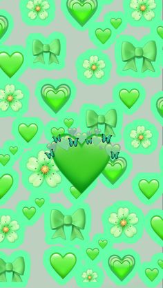 green hearts with bows and flowers on a blue background