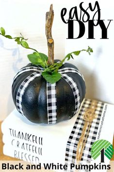 a black and white pumpkin sitting on top of a stack of books with the title easy diy