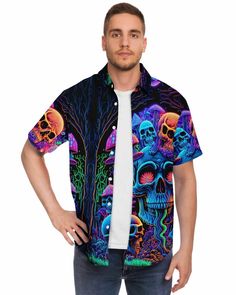 Bring the party wherever you go with the Psychedelic Skull Sanctuary Party Shirt! A kaleidoscope of colors, patterns, and rave energies, this shirt perfectly captures the spirit of psychedelic fun and free-spirited dancing. Crafted for the seasoned raver, it effortlessly pairs with our matching bucket hat or stands bold on its own. Beyond its psychedelic appeal, this shirt promises unparalleled comfort, making it a must-have for every rave or laid-back gathering. Vibrant and captivating psychede Multicolor Short Sleeve Halloween Tops, Rave Style Short Sleeve Tops For Music Festival, Halloween Multicolor Skull Print Tops, Multicolor Skull Print Tops For Halloween, Multicolor Skull Print Summer Tops, Multicolor Sublimation Print Tops For Festivals, Multicolor Skull Print Top For Summer, Multicolor Skull Print Tops For Summer, Multicolor Tops With Sublimation Print For Festivals