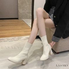 Lasaky - Womens Chunky Heeled Knitted Sock Boots with Pointed Toe and Martin Style Trendy Winter Cream Booties, Winter Stretch Boots With Round Toe, Trendy White Winter Booties, Cream Pointed Toe Mid-calf Boots For Winter, Cream Ankle-high Winter Booties, High Ankle Beige Booties For Winter, Beige High Ankle Booties For Winter, White Ankle-high Winter Booties, Fitted Casual Winter Booties