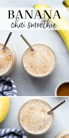 three shots of banana chai smoothie with cinnamon sprinkles and bananas in the background