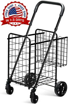 a black shopping cart with two wheels and a basket on the front, viewed from the side