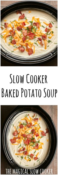 two images showing how to make slow cooker baked potato soup with bacon and cheese