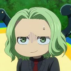 an anime character with green hair and blue eyes