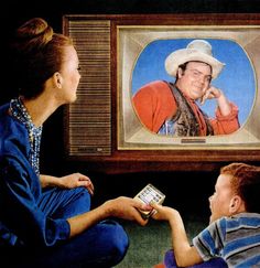 an advertisement for color tv featuring a man and woman talking to each other