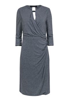 Current Boutique-Karen Millen - Heather Gray Draped Sheath Dress w/ Leather Trim Sz 10 Fitted Draped Dress For Workwear, Elegant Lined Midi Dress For Fall, Career V-neck Dresses For Fall, Draped Midi Dress For Fall Workwear, Elegant Lined Dresses For Work, Elegant Draped Dress For Fall, Elegant Lined Dresses For Workwear, Elegant Lined Office Dress, Elegant Workwear Dresses With Lining