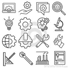 the set of icons in line art style, including gears and wrenches on white background