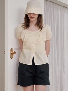 Composition : 100% cottonColor : Yellow BeigeCountry of Origin : Republic of Korea Summer Cotton Puff Sleeve Top, Cotton Puff Sleeve Top For Summer, Spring Cotton Puff Sleeve Top For Workwear, Beige Cotton Puff Sleeve Top For Summer, Cotton Puff Sleeve Top In Beige For Summer, Beige Cotton Puff Sleeve Top, Spring Cotton Puff Sleeve Top With Short Sleeves, Summer Puff Sleeve Cotton Blouse, Cotton Puff Sleeve Blouse For Summer