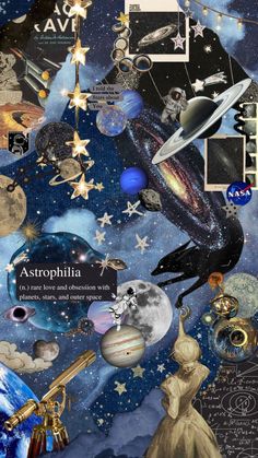 an artistic collage with space, stars and other things in the sky on it