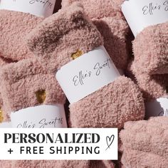 pink towels with personalized labels on them and the words, personalized & free shipping