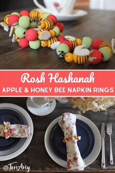 a table with plates and napkins that are decorated to look like honeybees