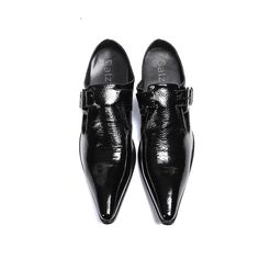 Step into the world of aesthetic ultra-modern style with these unique men's dress shoes. Crafted from high-quality genuine leather upper for day-long comfort. These dress shoes, boasting a rubber outsole and a pig split insole, guarantee enduring comfort. Notably, they feature a buckle strap closure for a trendy touch, while the slip-on closure offers a refined finish. A must-have addition to your wardrobe. Black Square Toe Oxfords For Business, Black Slip-on Monk Strap Shoes For Business, Black Patent Leather Monk Strap Shoes For Office, Black Leather Monk Strap Shoes With Pointed Toe, Black Patent Leather Monk Strap Shoes For Business, Business Dress Shoes With Leather Sole And Square Toe, Black Monk Strap Shoes With Plain Toe, Black Plain Toe Monk Strap Shoes, Black Snip Toe Leather Shoes For Business