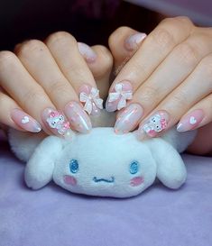 hello kitty, pink, sanrio, trendy nails, polka dots, round, almond shape Uñas Hello Kitty, Hello Kitty Nail Art, Cute Pink Nails, Kitty Nails, Grunge Nails, Girly Acrylic Nails, Smoky Eyes