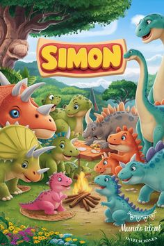 an image of dinosaurs in the wild with text that reads,'simon'on it