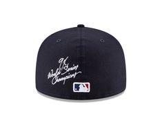 the new york yankees'world series champs cap is shown in white ink on a navy blue