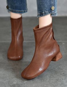 Real Leather Back Zipper Fashion Chunky Heel Boots — Obiono Trendy Leather Martin Boots With Block Heel, Brown Leather Martin Boots With Block Heel, Leather Martin Boots With Block Heel For Fall, Chic Leather Martin Boots With Block Heel, Best Comfortable Shoes, Heel Chelsea Boots, Chunky Heel Boots, Zipper Fashion, Zippers Fashion