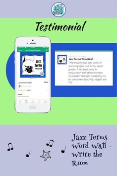 an image of a cell phone with the words testimonal and music notes on it