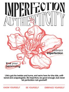 an advertisement for imperfectity with flowers on the front and back cover, in red ink