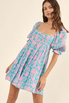 Secret Rendezvous Pleated Floral Babydoll Mini Dress - ShopPromesa Cute Dresses Casual Short Floral, Ruffled Dress Preppy, Secret Rendezvous, Pinterest Wardrobe, Pink And Blue Dress, Summer Wishlist, Cutest Outfits, Chic Over 50, Babydoll Mini Dress