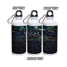 three different styles of water bottles with the same color and pattern on each one side