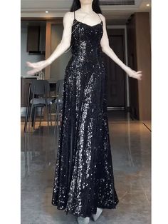 Pretty Sheath Spaghetti Straps Sequin Black Slit Long Prom Dresses Party Evening Dress C3803 Dresses Party, Custom Color, Spaghetti Strap, Evening Dresses, Party Dress, Sequin