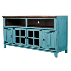 a blue entertainment center with glass doors and wood top