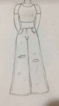 a pencil drawing of a woman's dress on a piece of paper with her hands behind her back