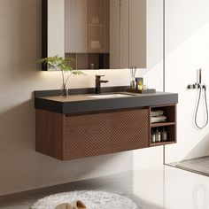 a bathroom with a sink, mirror and towel rack