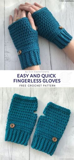 two photos showing the same pair of knitted fingerless gloves with buttons on them