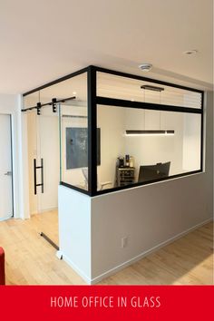 Small Glass Office Work Spaces, Half Glass Wall Office, Home Office Glass Wall, Small Office Kitchen, Office Partition Design, Open Concept Office, Small Office Design Interior, Basement Office