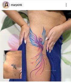 a woman's stomach with a bird tattoo on the side and an image of a flower