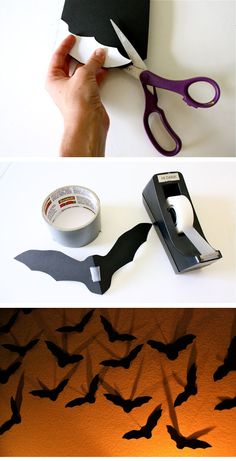 three different pictures with scissors, tape and bats