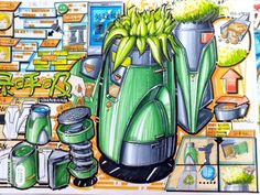 a drawing of a green blender with bananas on it's top and other items around it